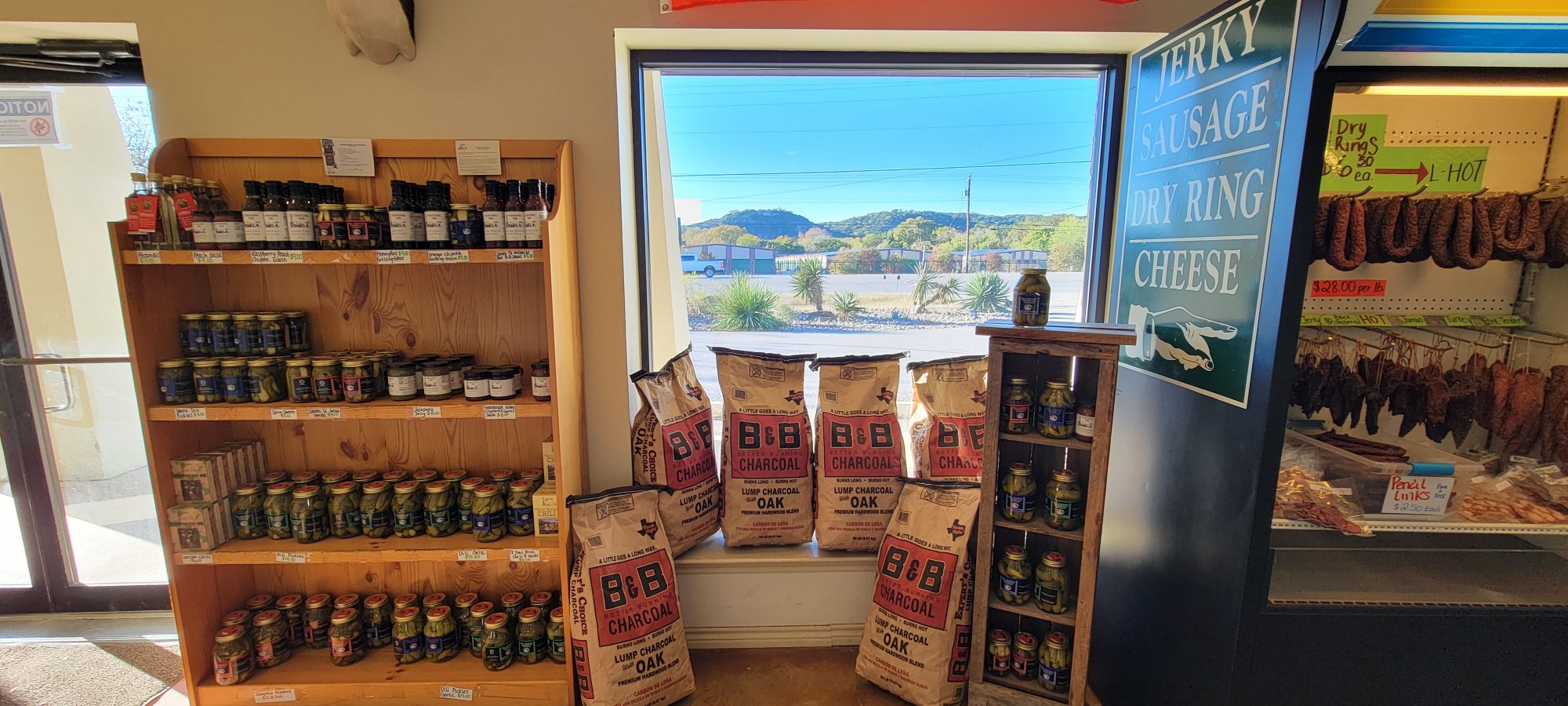 Inside Bernhard, with the jerky case and pantry shelves